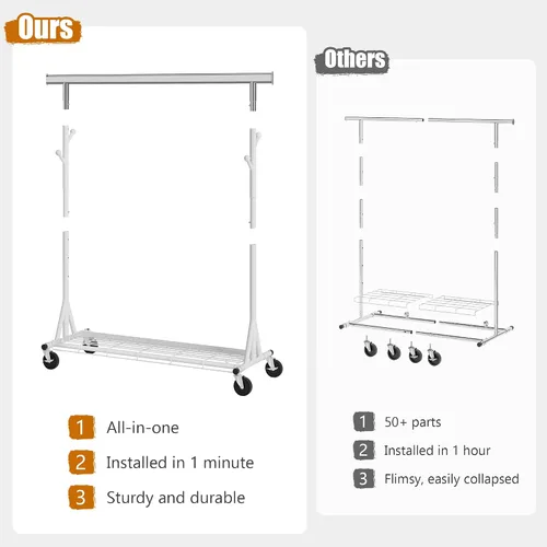 Miniatura 21 de Gewudraw Estante de ropa resistente con carga de 900 libras, estante comercial de doble barra con ruedas y estantes resistentes, estante colgante