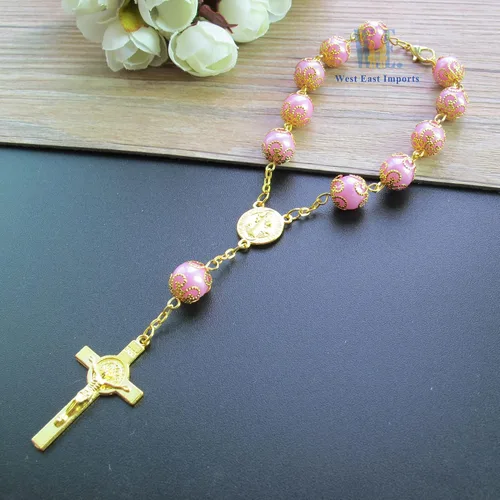 Miniatura 6 de Rosario de 12 piezas de perlas de imitación rosas para niña, recuerdo para bautizo, primera comunión, bautismo, boda, dulce 15 - Recuerdos