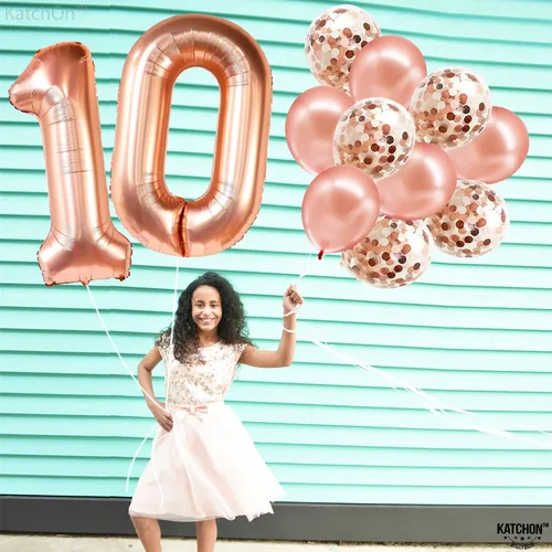 Miniatura 5 de KatchOn, Globo gigante de oro rosa del número 10 – 40 pulgadas Globo de oro rosa 10 con globos de confeti Decoraciones de 10 cumpleaños de oro
