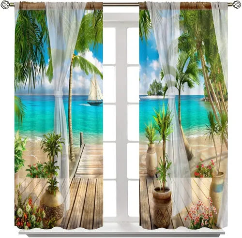 Miniatura 8 de Cortinas de paisaje, ventana tropical con vista al mar, océano, playa, barco, cortinas con estampado de palmeras para dormitorio, sala de estar, Mar