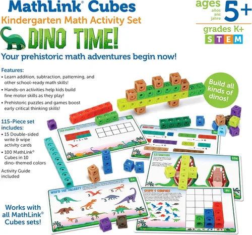 Miniatura 5 de Learning Resources MathLink Cubes - Juego de actividades matemáticas para jardín de infantes: ¡Tiempo de dinosaurio! 115 piezas, a partir de 5 años