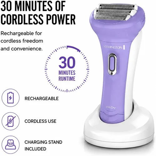 Miniatura 7 de Depiladora eléctrica recargable Remington WDF5030 para dama, para depilación en seco y sobre la piel húmeda, color morado y blanco, Púrpura/Blanco
