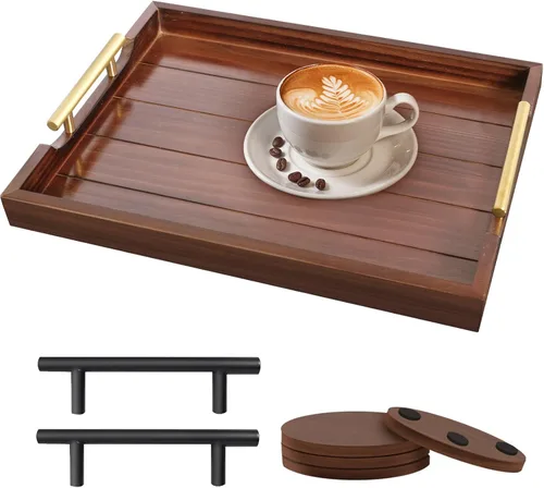Miniatura 11 de SXNOWS Bandejas de mesa auxiliar, bandeja otomana grande para sala de estar, bandeja de madera para servir con 2 juegos de asas, bandeja de madera