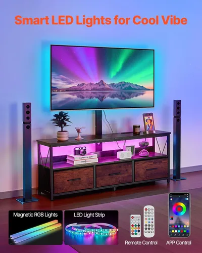 Miniatura 2 de VEVOR Soporte de TV de 52 pulgadas con soporte para televisores de hasta 75 pulgadas, centro de entretenimiento con toma de corriente y luces LED