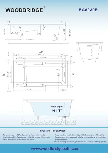 Miniatura 6 de WOODBRIDGE Bañera rectangular de acrílico de 60 pulgadas en blanco con drenaje derecho, desagüe desplegable negro mate incluido BA6030R Mate negro