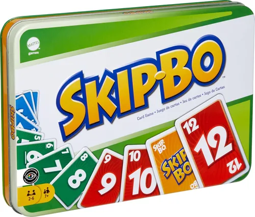 Mattel Games Skip-Bo - Juego de cartas en lata de almacenamiento y viaje para niños, adultos y familias, baraja accesible para daltónicos para 2 a 6