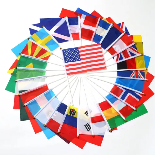 Banderas de 100 países, bandera internacional de palillo de país, pequeña parte superior redonda de mano en palo, bandera de países del mundo en
