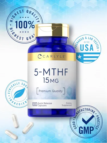 Miniatura 6 de Carlyle Suplemento 5-MTHF 15mg 100 cápsulas L-metilfolato Sin OMG, sin gluten Calidad premium