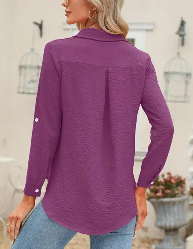 Miniatura 23 de Odosalii - Camisas con botones para mujer, con cuello en V, manga larga, enrolladas, blusas elegantes y formales para negocios y ocasiones casuales
