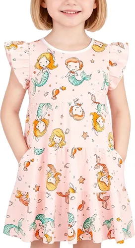 Miniatura 27 de Vestido casual para niñas, de algodón suave, manga corta, transpirable, acampanado, para adolescentes, talla 2T, 3T, 4T, 5, 6, 7, 8, 9, 10, 12, 13