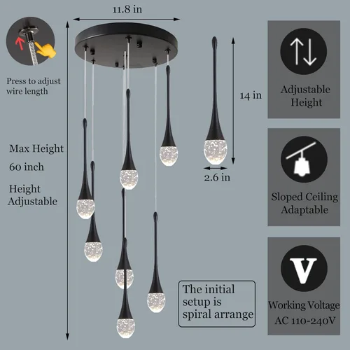 Miniatura 2 de Moderno candelabro de cristal de 7 luces, color negro, H60 pulgadas, techo alto, espiral, regulable, LED, burbuja, gota de lluvia, lámpara