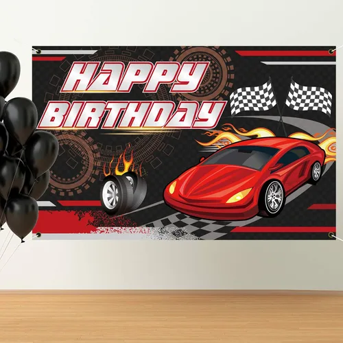 Miniatura 6 de Telón de fondo de cumpleaños de carreras de autos (5.9 x 3.7 pies), pancarta de tela gruesa a las arrugas, para cabina de fotos para niños, fiesta