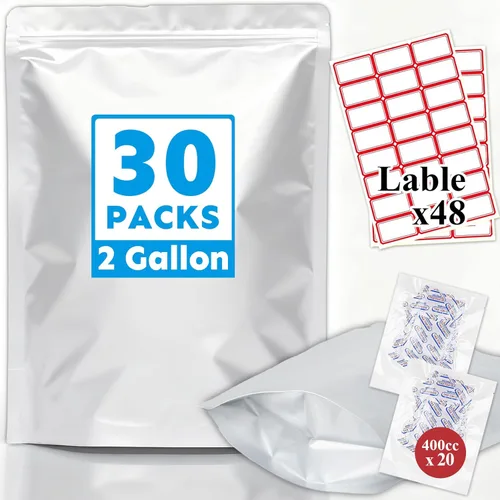 Bolsas de Mylar Cloudslucky 2 Galones 30 Piezas 43 cm x 33 cm para Almacenamiento de Alimentos con Absorbentes de Oxígeno y Etiquetas, Bolsas de Pie