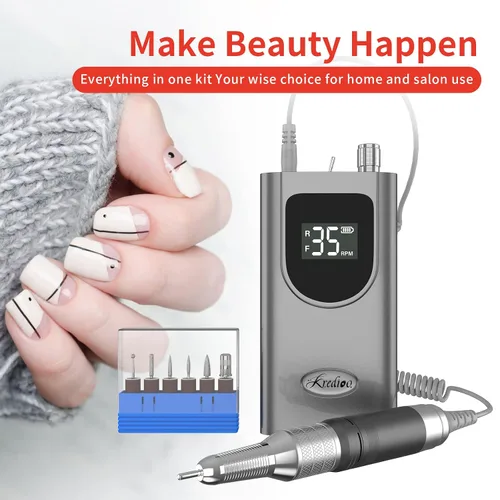 Miniatura 7 de Kredioo Taladro de uñas eléctrico profesional de 35000 rpm, máquina Efile portátil recargable, kit de 6 puntas para quitar uñas de gel acrílico, Gris