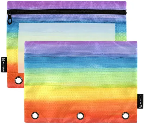 Estuche para lápices de colores arcoíris a rayas para carpeta de 3 anillas, bolsa de papelería transparente para organizadores, oficina, suministros
