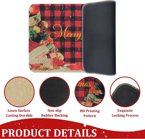 Miniatura 6 de Felpudo Rojo de Búfalo a Cuadros Feliz Navidad Decorativo 30"x17", Felpudo de Árbol de Navidad de Temporada Antideslizante Lavable de Bajo Perfil