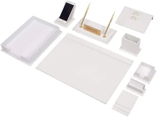 Miniatura 10 de Juego de escritorio de cuero, accesorios de escritorio de trabajo para mesa de oficina, organizador de almacenamiento de escritorio, 13 piezas Blanco