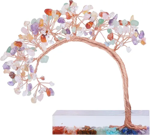 mookaitedecor Árbol de dinero de cristal colorido natural con base de resina de 7 piedras de chakras, adorno de árbol de la vida de cristal de Feng