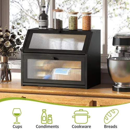 Miniatura 5 de BMOSU Panera grande de doble capa para encimera de cocina, almacenamiento de madera de bambú (negro)