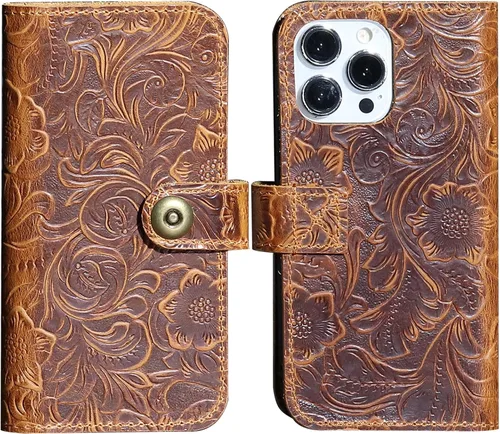 Miniatura 9 de Funda de cuero compatible con iPhone 16 Pro Wallet de 6.3 pulgadas, protección completa de piel auténtica a prueba de golpes, funda abatible