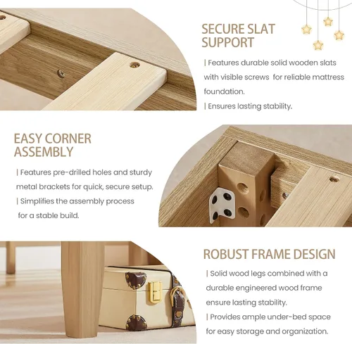 Miniatura 6 de Marco de cama tamaño Queen, marco de cama de plataforma de madera con listones y patas de madera maciza, sin ruido, no necesita somier, fácil