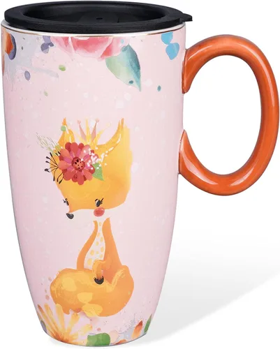 Miniatura 9 de Taza de viaje de cerámica con tapa, tazas de café altas con asa, taza de café y té de porcelana, bonito diseño de erizo, regalos de cumpleaños