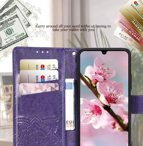 Miniatura 2 de Funda para teléfono Galaxy A14 5G, cartera con tapa para mujer, de piel sintética en relieve de mariposa con tarjeteros de crédito, correa de Púrpura