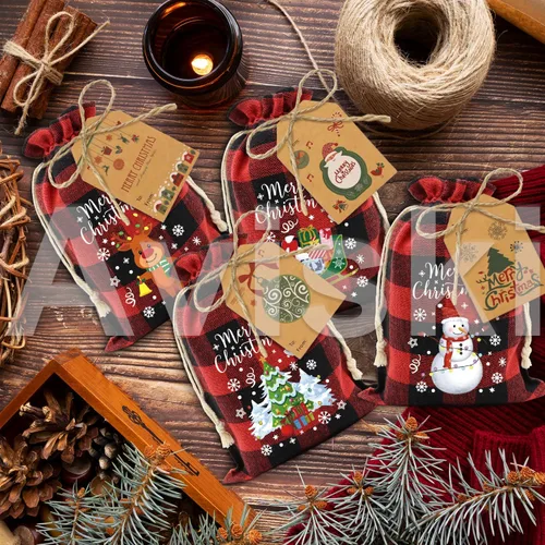 Miniatura 5 de 72 bolsas de regalo navideñas medianas de algodón con cordón de cuadros búfalo, bolsas de dulces navideños de algodón, bolsas pequeñas de tela Medio