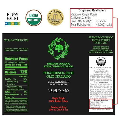Miniatura 2 de WellEatable Robust +1,200 mg/kg rico en polifenoles Olio Italiano, 2024/25 cosecha temprana orgánico extra virgen aceite de oliva de Italia, probado