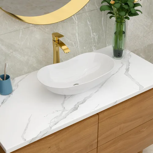 Miniatura 12 de Lordear Fregadero ovalado de 16 x 13 pulgadas, fregadero de baño con forma de huevo moderna sobre mostrador, lavabo de cerámica de porcelana blanca