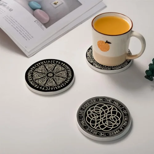 Miniatura 4 de HUXJOKO Juego de 6 posavasos para bebidas, posavasos de cerámica absorbente mágica vikinga negra, alfombrilla redonda de piedra, con base de corcho