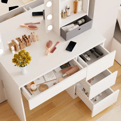 Miniatura 4 de Fameill Tocador de maquillaje con luces, escritorio de tocador de 37 pulgadas con espejo y luces, 4 cajones, 3 modos de iluminación, brillo