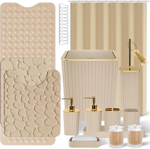 Miniatura 71 de XLHOMO Bathroom Set- 25PC Beige Bathroom Set, Bathroom Set with Shower Curtain and Rugs, Beige Shower Curtain Set, Toilet Brush, Bathroom Trash Can