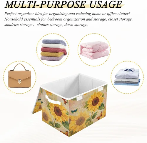 Miniatura 7 de SUABO Contenedor de almacenamiento vintage de girasol y mariposa con tapa, cajas de almacenamiento grandes de tela Oxford, plegables para el hogar