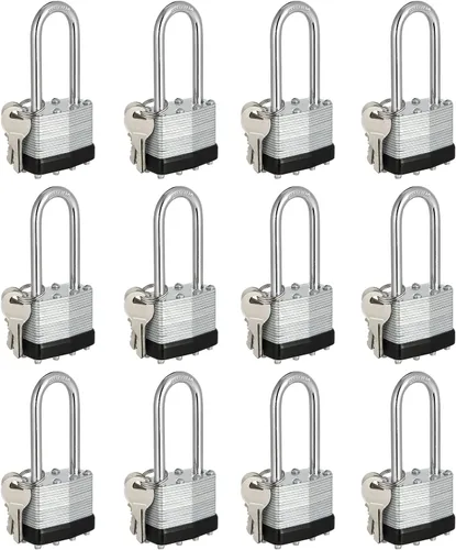 Candados con llave igual, candados chapados en níquel, juego de 12, cerradura de llave con cuerpo de 1-9/16 pulgadas de ancho, grillete largo de 2