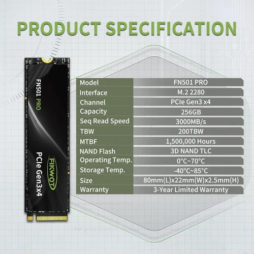 Miniatura 5 de Fikwot FN501 Pro 256GB NVMe SSD - M.2 2280 PCIe Gen3 x4 Unidad de Estado Sólido Interna con pegatina de enfriamiento de grafeno, hasta 3,500 MB/s