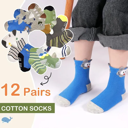Miniatura 5 de Calcetines antideslizantes para niños pequeños con agarre, 12 pares de calcetines antideslizantes de dibujos animados para niños y niñas