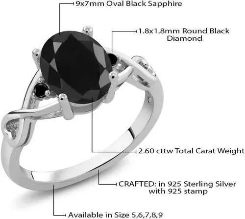 Miniatura 5 de Gem Stone King Anillo de plata de ley 925, zafiro negro y diamante negro para mujer (2.60 quilates), disponible en talla 5, 6, 7, 8, 9), Metal Metal