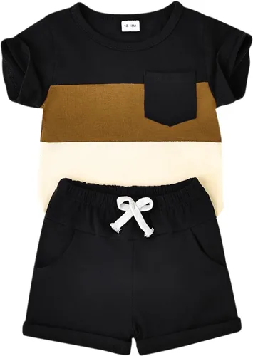 Miniatura 84 de Ropa para bebé niño pequeño, trajes de verano de manga corta, camiseta de retazos y pantalón con bolsillo, conjunto de 2 piezas, 12 meses a 4 años