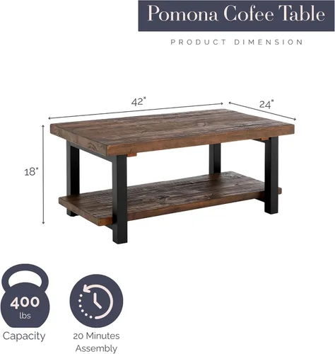 Miniatura 2 de Pomona - Mesa auxiliar rectangular de madera maciza de 42 pulgadas con estante de almacenamiento y patas de metal, mesa rústica industrial para sala