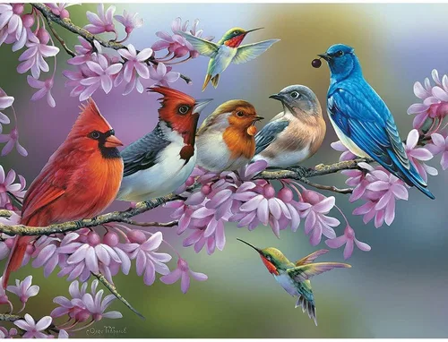 Miniatura 10 de Bits and Pieces Rompecabezas – Birds on a Flowering Branch por Oleg Gavrilov – Cardenales, Bluebird & Colibríes Naturaleza Obra de Arte