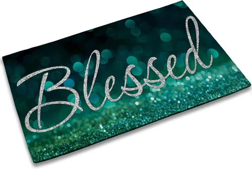 TUBAMQ Felpudo de puerta Blessed de 17 x 30 pulgadas, tapete decorativo de bienvenida con purpurina bendita, parte trasera de goma antideslizante y