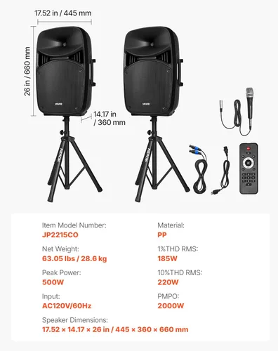 Miniatura 7 de VEVOR Sistema PA portátil, alimentado por 2000 W (PMPO), sistema de sonido con mezclador de 3 canales, altavoces duales, Bluetooth inalámbrico