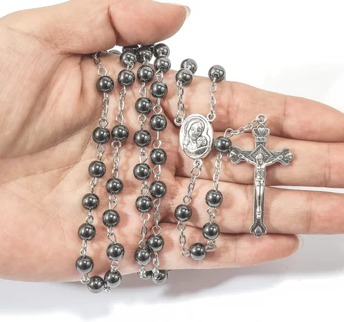 Miniatura 7 de Nazareth Store Hematite Rosary Beads Black Stone Catholic Rosary Necklace with Jerusalem Holy Soil & Cross Antique Religious Rosaries Beads