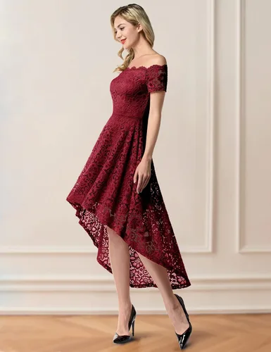 Miniatura 2 de Dressystar Vestido tipo cóctel, de encaje, para mujer, vestido irregular con vuelo y hombros descubiertos, para dama de honor, fiesta formal