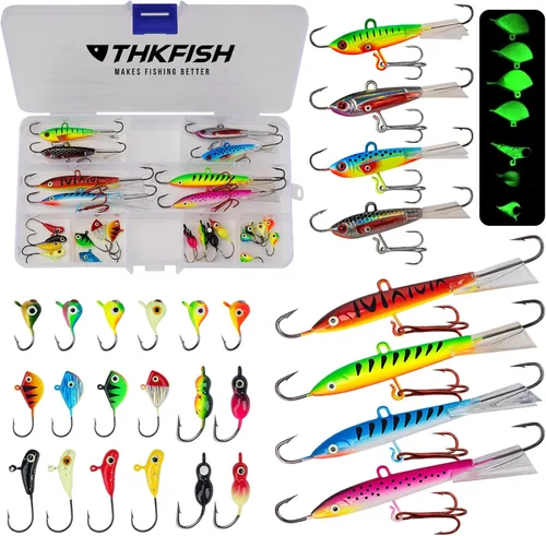 THKFISH: Señuelos de pesca en hielo, plantillas de pesca en hielo, equipo de pesca en hielo, señuelos duros y plantillas de pesca Walleye, kit de