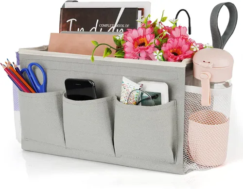 Lilithye Organizador de almacenamiento de cabecera con correas fijas y soporte para botella de agua para el hogar, universidad, dormitorio, Gris