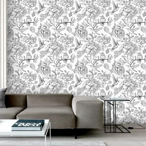 Miniatura 9 de Papel pintado vintage en blanco y negro floral de despegar y pegar - Flores, colibríes, mariposas - Extraíble 17.7"x118.1" Negro/Blanco