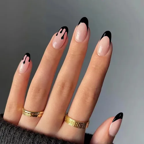 Miniatura 7 de Uñas postizas cortas a presión, uñas postizas de otoño con punta francesa, color marrón, cobertura completa, con diseños de remolinos marrones, uñas