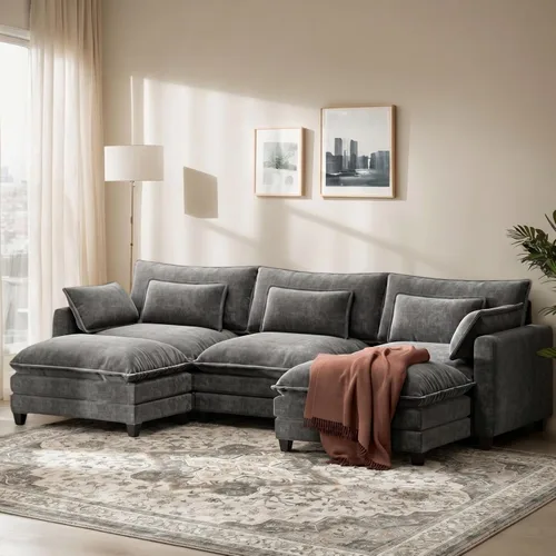 Miniatura 12 de Marsail Sofá modular modular de 110.6 pulgadas en forma de U, moderno y cómodo sofá nube, sofá de felpilla de 5 asientos con almohada y otomana Azul